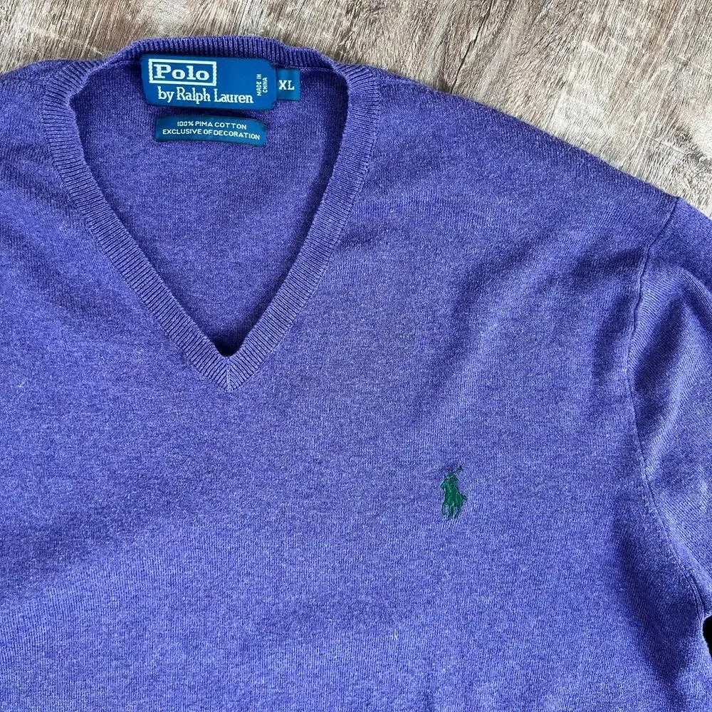 Polo by Ralph Lauren Purple Pima Cotton V-Neck Sweater